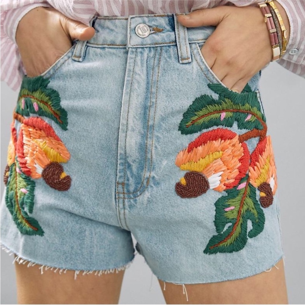 Farm Rio floral embroidered beaded denim shorts